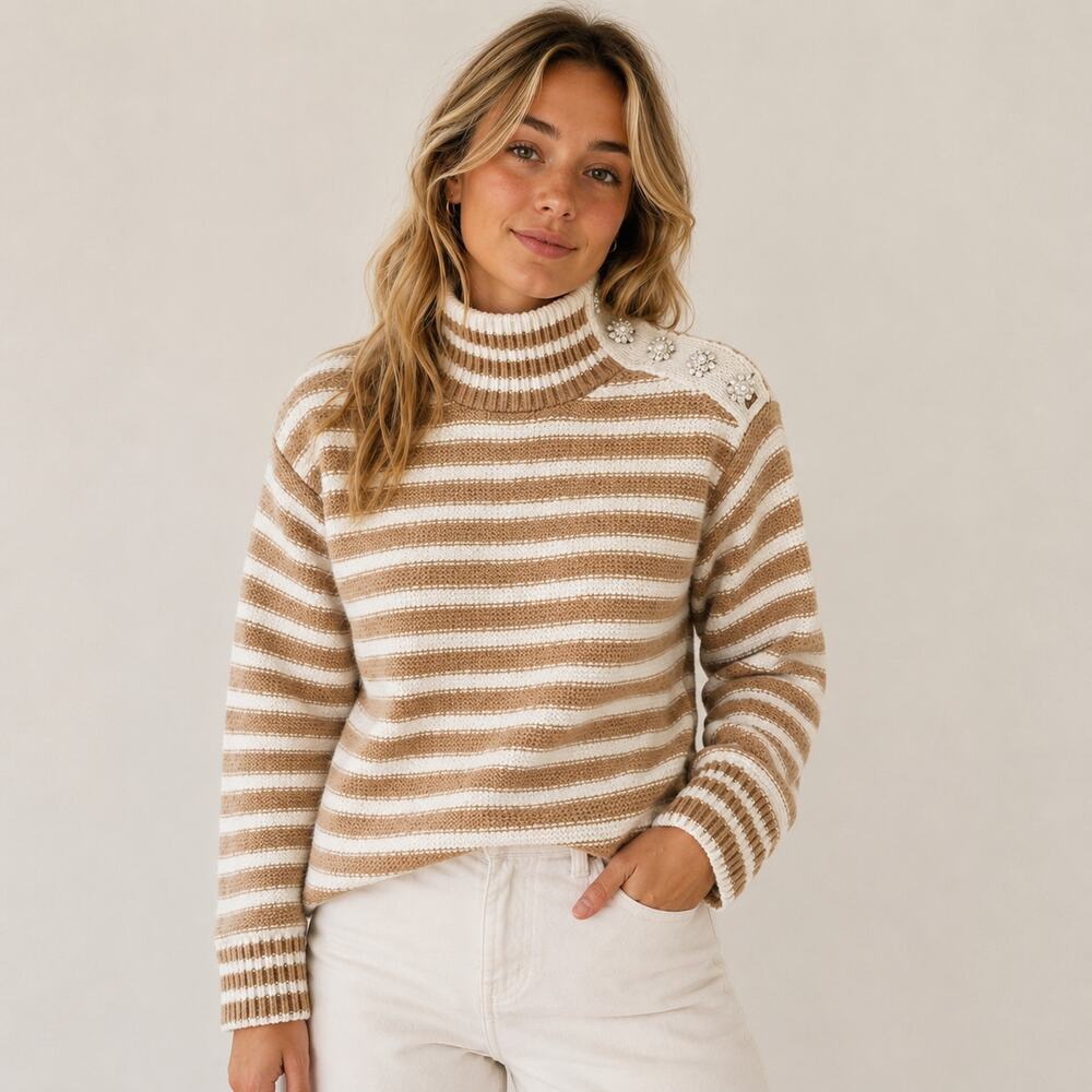 J.Crew Stripped Knit Mock Neck Pullover Sweater Jewel Luxury Caramel Natural XS